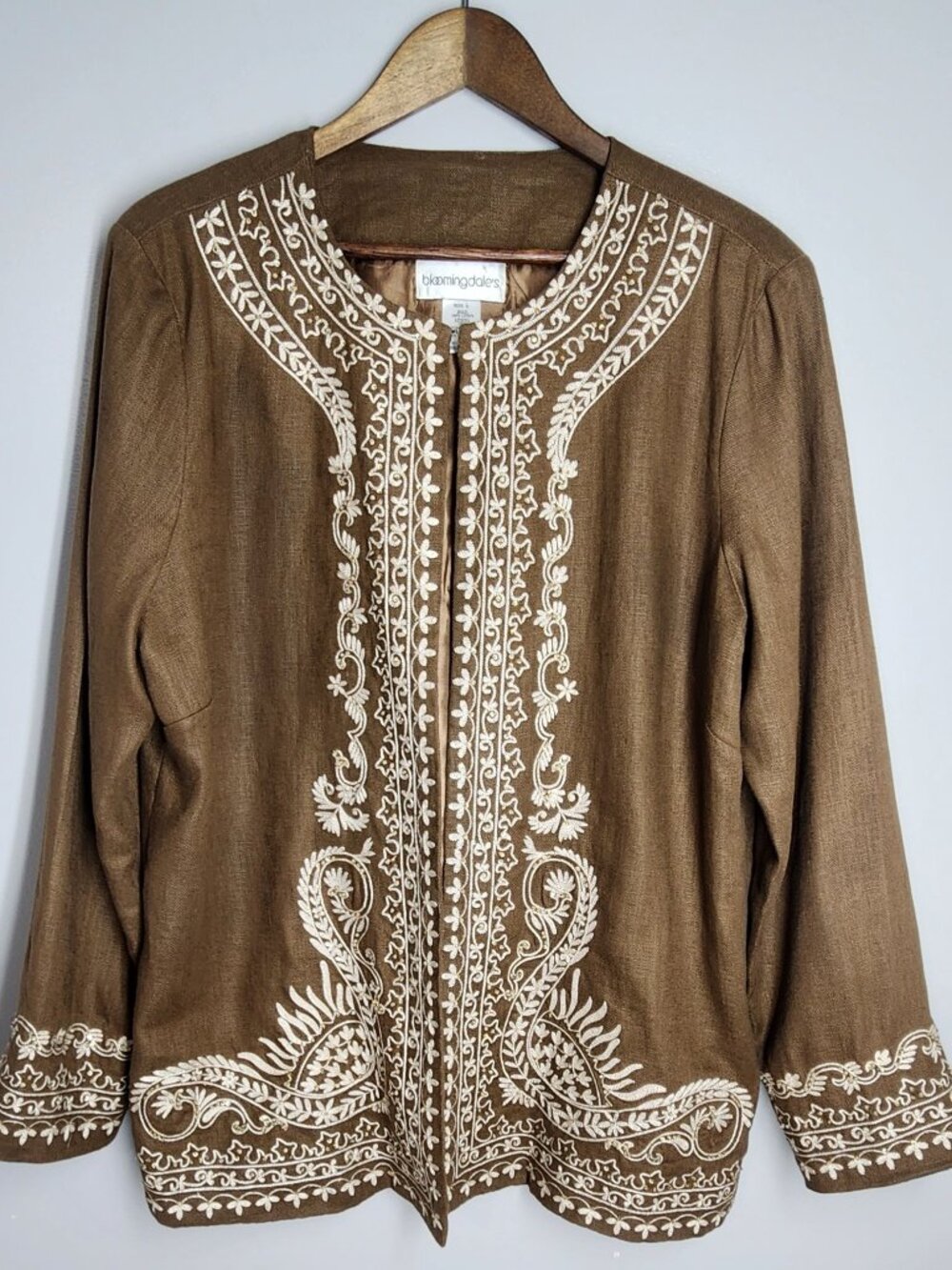 Bloomingdales 100% Linen Embroidered Beaded Boho Jacket Brown L